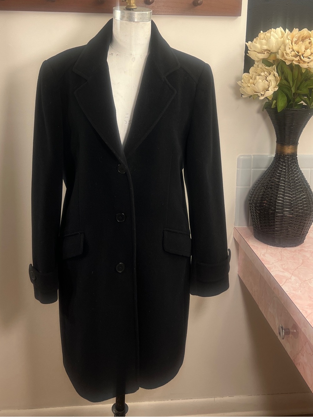Larry Levine Black Single-Breasted 100% Merino Wool Trench Coat